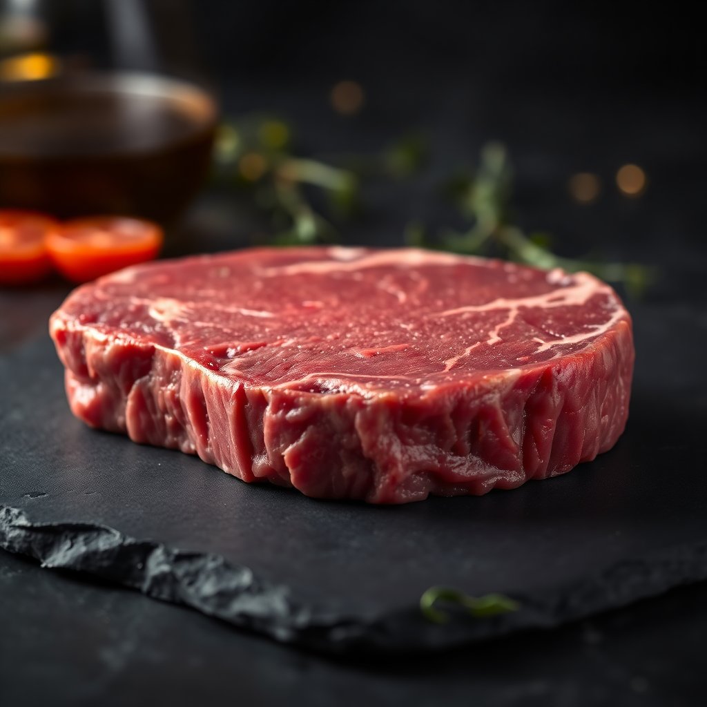 Close-up of a premium raw ribeye steak with perfect marbling on a dark slate background, professional food photography, moody lighting, gold accents in the background.
